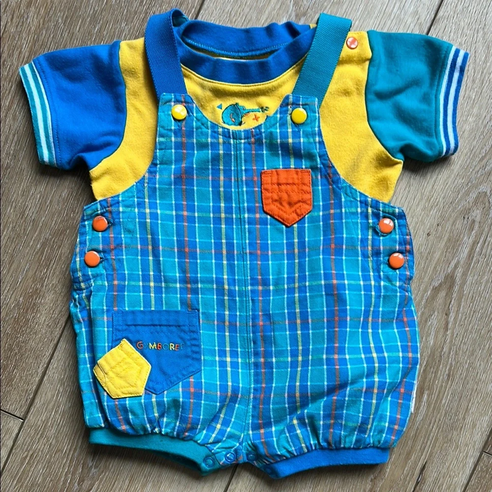Vintage Gymboree Shortall Shirt Set Plaid Colorblock Elephant Newborn